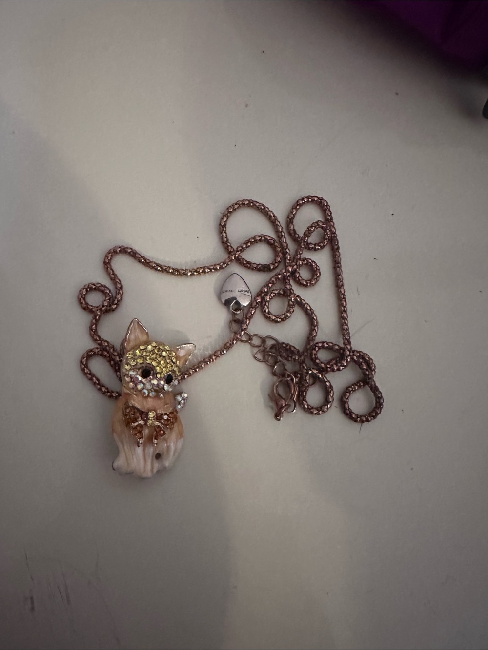 Betsey Johnson Angel Cat Necklace Rhinestone Enamel Long Pendant
